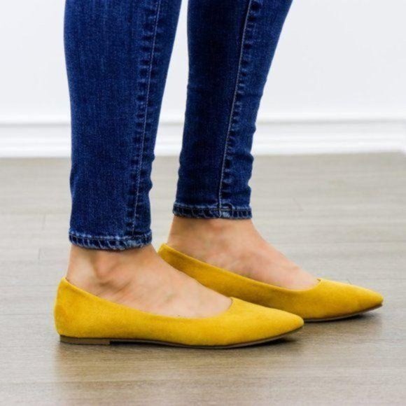 Mustard Yellow Vegan Suede Pointy Toe Flat Shoes - Picture 2 of 7